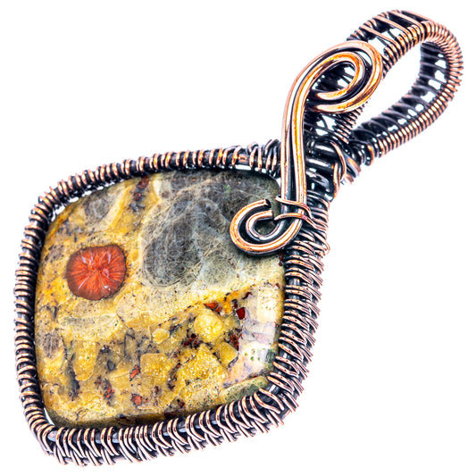 Wire-wrapped oval stone pendant with oxidized copper coils and arched top bail
