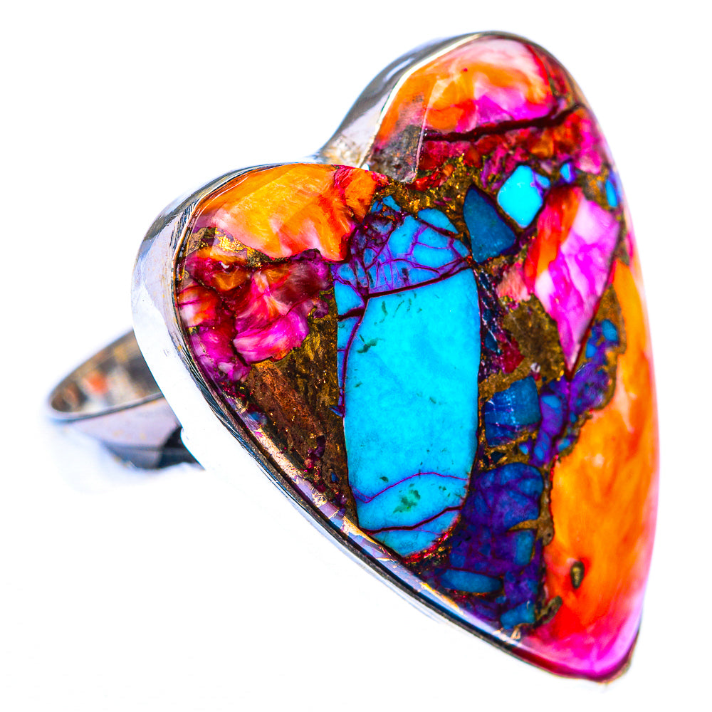 Sterling silver ring with teardrop multicolor stone, bright blue pink orange