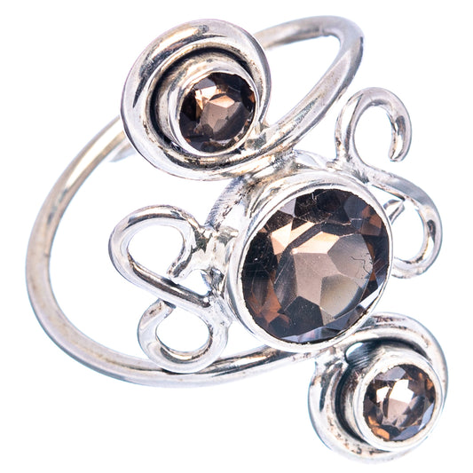 Smoky quartz .925 sterling silver ring with oval center stone and two round bezel accents