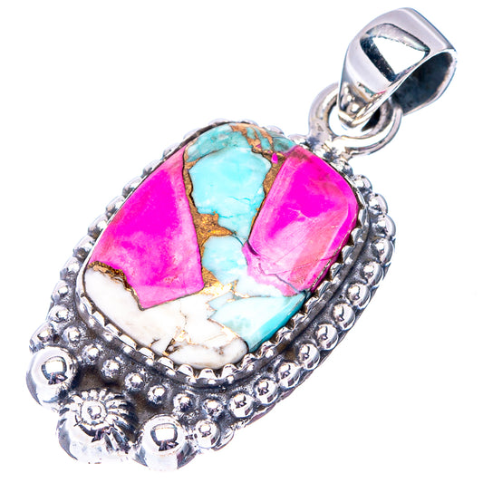 Oval turquoise and pink stone pendant in ornate sterling silver setting