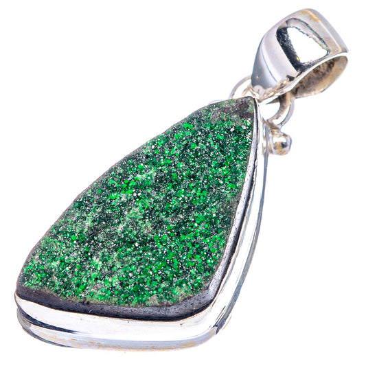 Sterling silver uvarovite teardrop pendant, bezel-set bright green druzy stone