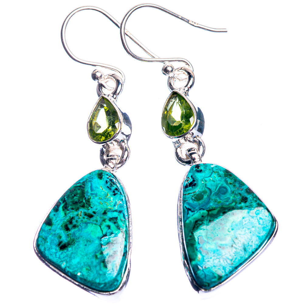 Malachite In Chrysocolla, Peridot 925 Sterling Silver Earrings 1 7/8"