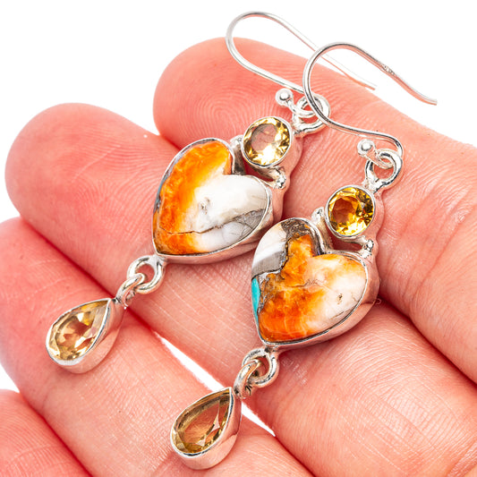 Spiny Oyster Turquoise, Citrine Heart Earrings 1 7/8" (925 Sterling Silver) E1790