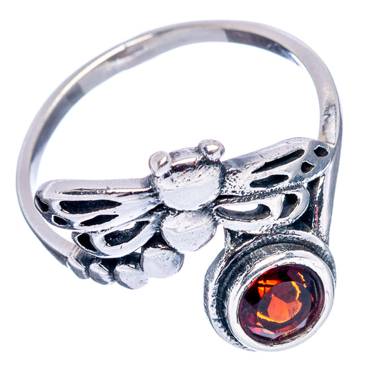 Sterling silver dragonfly ring, round red gemstone on side of band