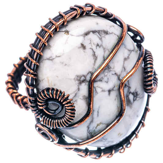 Howlite wire wrap ring with oval white stone, oxidized copper and dark wire band