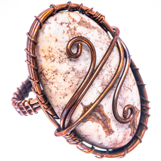 Oxidized copper jasper ring, oval cabochon with spiral center and crimped wire band