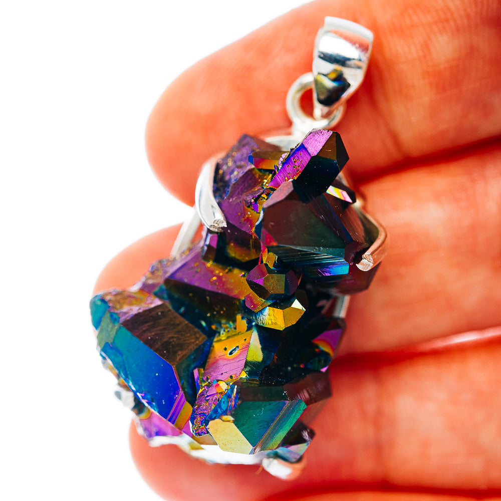 Sterling silver aura quartz pendant with iridescent multicolor crystal cluster