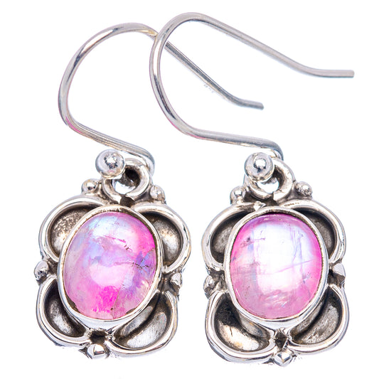 Sterling silver dangle earrings with oval pink moonstone cabochons and hinged fishhook backs