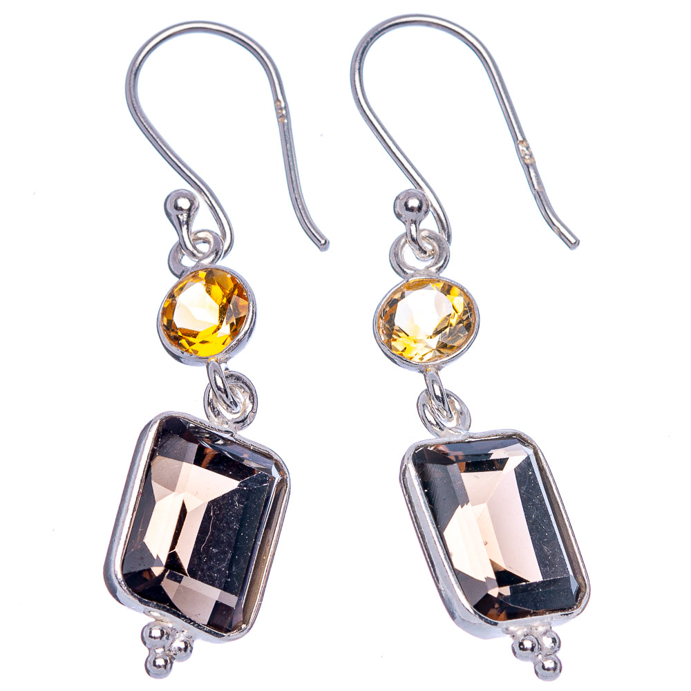 Pair of sterling silver drop earrings with dark smoky quartz squares and citrine yellow rounds