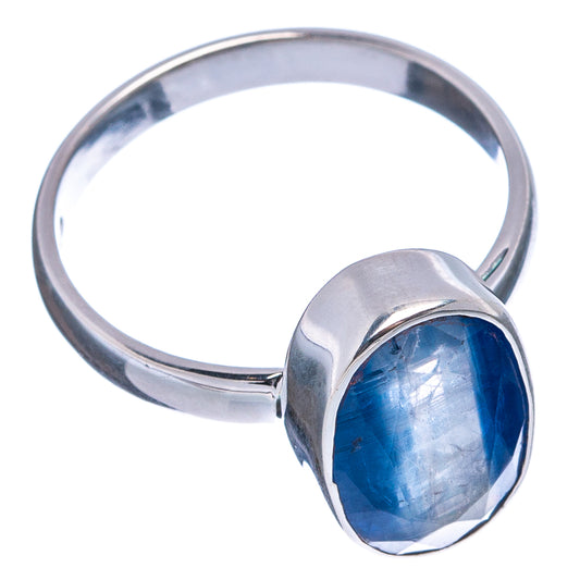 Oval blue kyanite gemstone sterling silver ring, size 6, open band with bezel setting