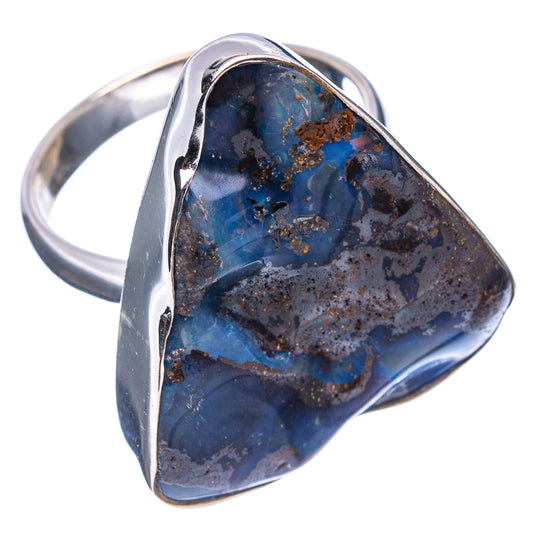Sterling silver boulder opal ring with triangular blue stone and dark mineral matrix