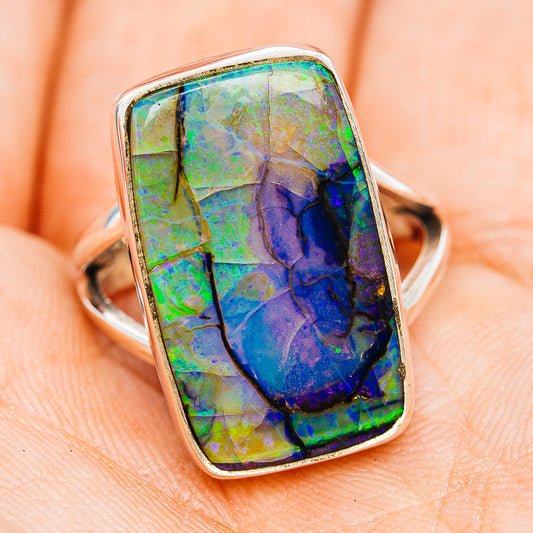 Sterling silver opal ring, faceted rectangle stone in green-blue-purple iridescence