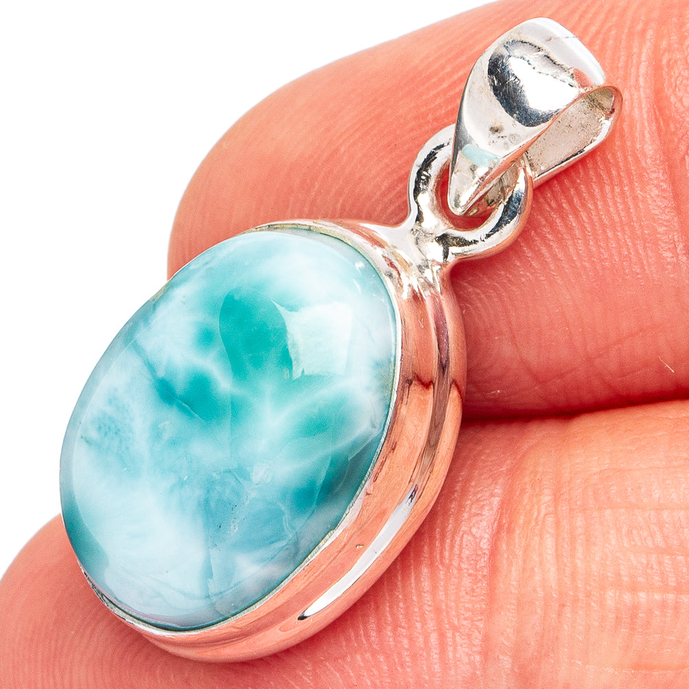 Larimar cabochon pendant in .925 sterling silver, oval blue gemstone with silver bezel