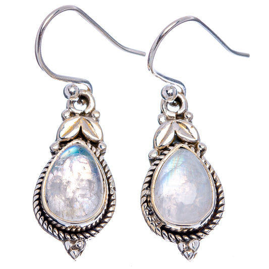 Sterling silver rainbow moonstone drop earrings, teardrop cabochon with detailed lacework