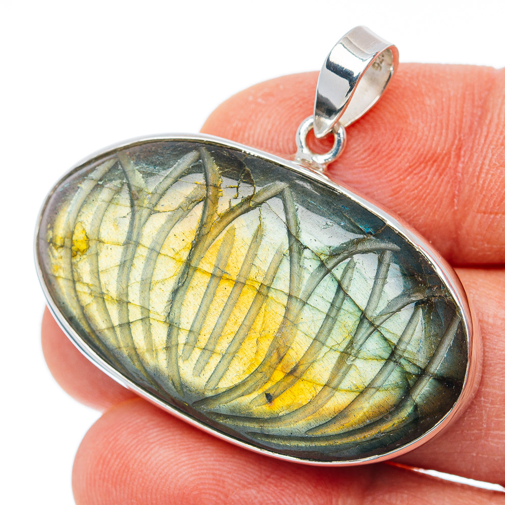 Hand Carved Premium Labradorite Pendant 1 1/2" (.925 Sterling Silver)