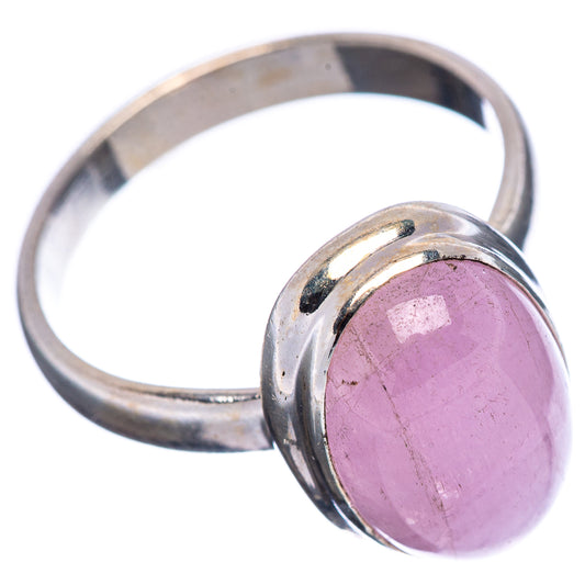 Sterling silver oval kunzite cabochon ring with pink stone face, side angle