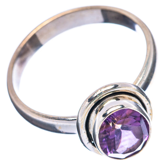 Amethyst sterling silver ring, round band with purple gemstone in layered bezel