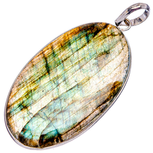 Silver-plated oval labradorite pendant, white stone with green-blue and gold tones