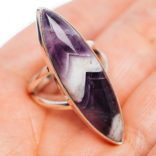 Amethyst marquise ring with faceted purple center stone, silver band design