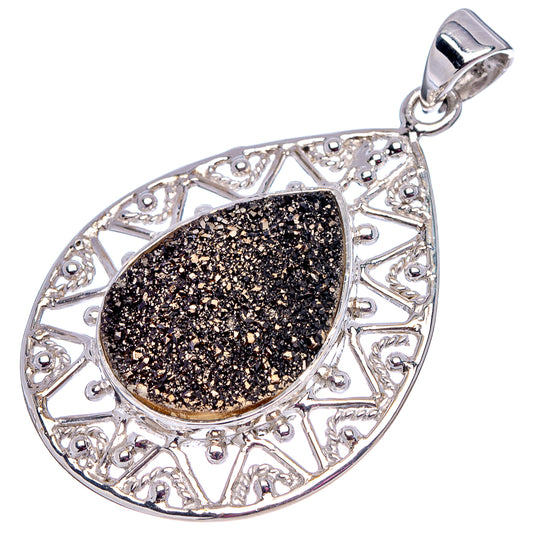 Ornate teardrop black druzy pendant with .925 sterling silver bail and frame