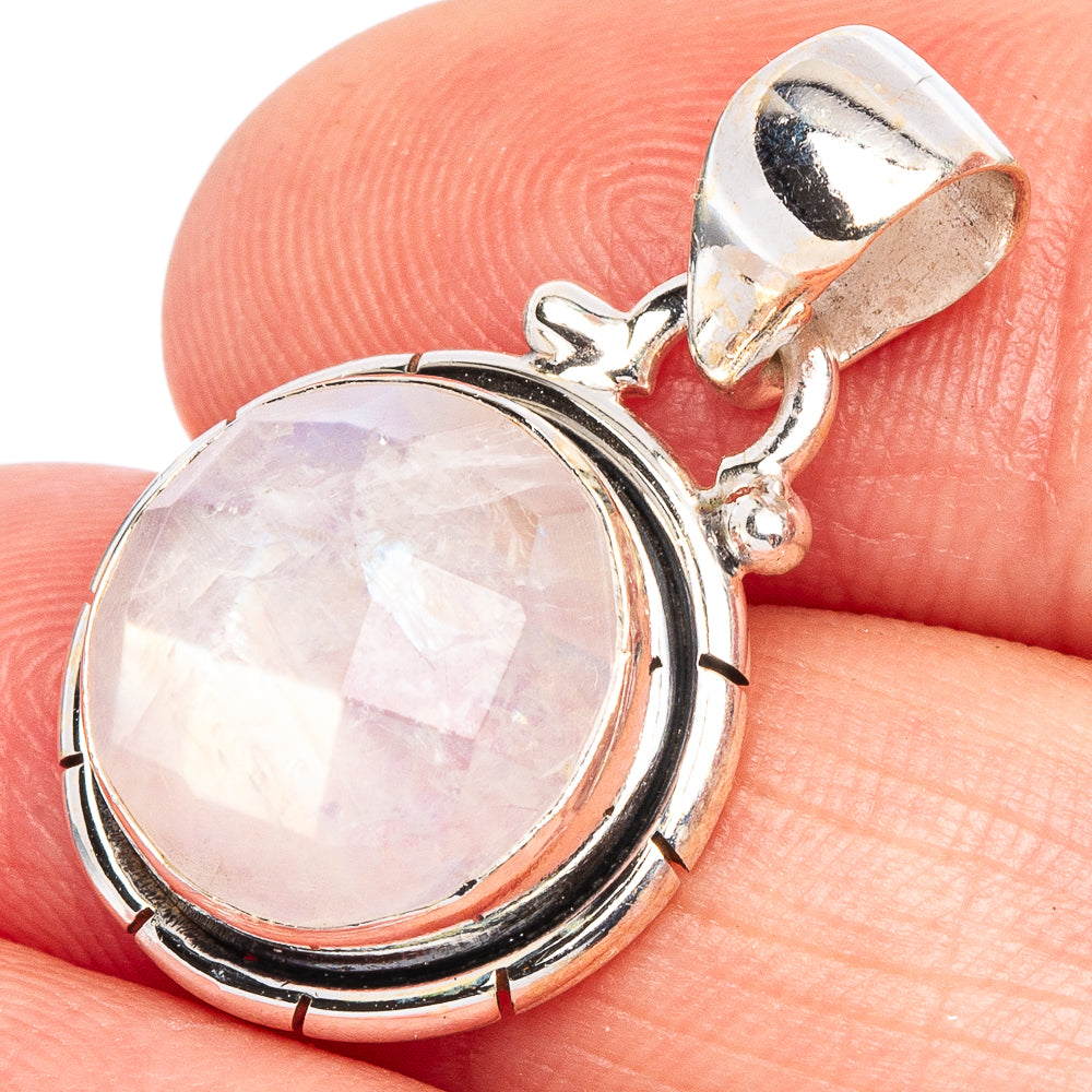 Round faceted moonstone pendant in 925 sterling silver bezel, iridescent glow