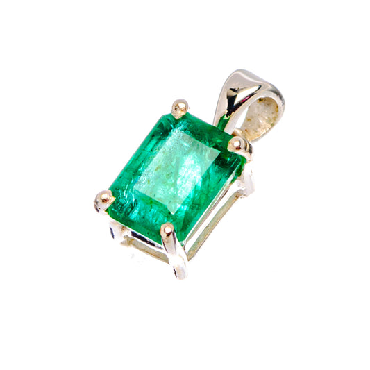 Sterling silver emerald pendant with square green gemstone and prong setting