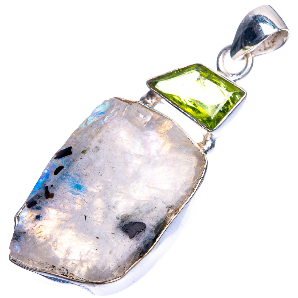 Raw Rainbow Moonstone, Peridot Pendant 2" (925 Sterling Silver) P39172