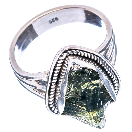 925 sterling silver ring with dark green rough crystal set in braided-edge bezel