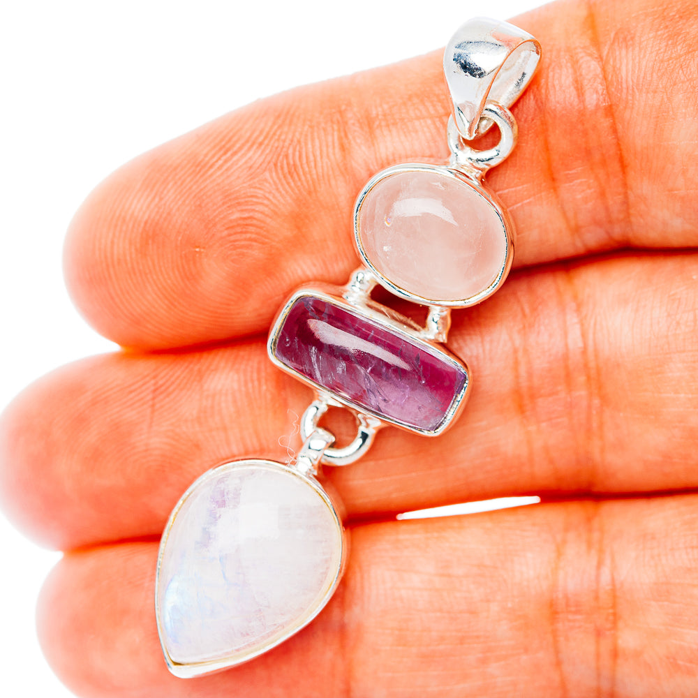 Premium Multi-Gem Rainbow Moonstone, Amethyst, Rose Quartz Pendant 2 1/8" (.925 Sterling Silver)