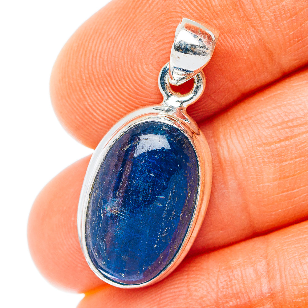 Oval blue kyanite pendant in .925 sterling silver bezel with bail