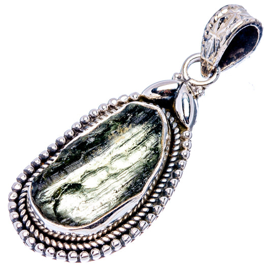 Sterling silver moldavite pendant with oval textured green stone and beaded border