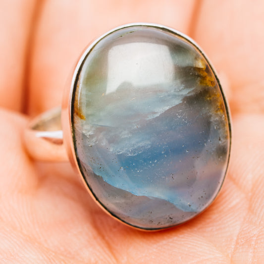 Sterling silver ring with oval blue-gray cabochon stone, size 8