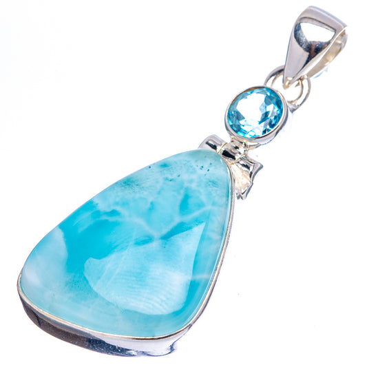 Larimar blue teardrop pendant with round blue topaz and silver bail, .925