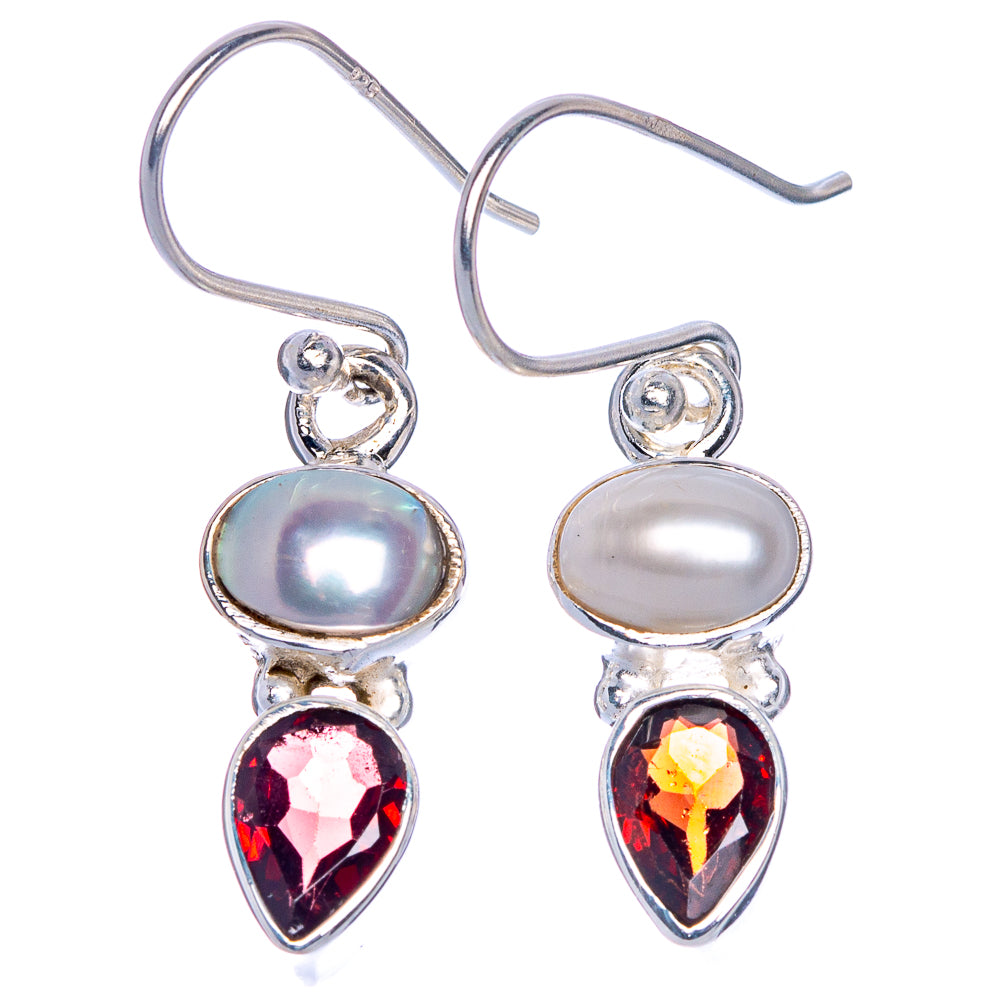 Silver drop earrings with oval cultured pearl and red faceted garnet, hook backs