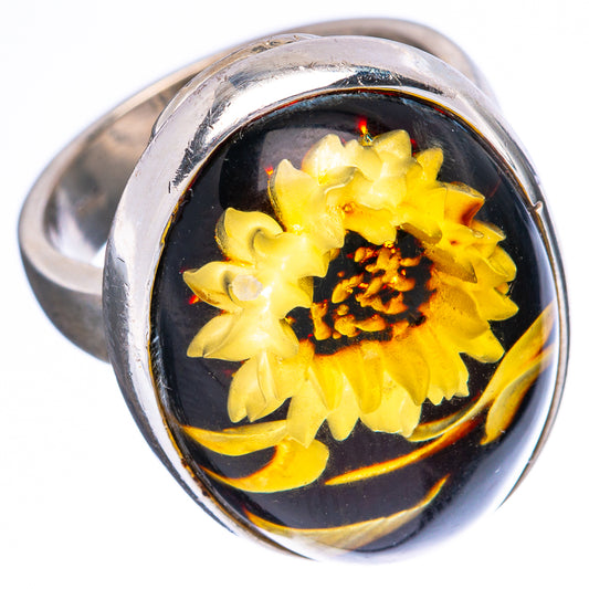 Amber Intaglio Sunflower Ring Size 5 Adjustable (925 Sterling Silver) R3807
