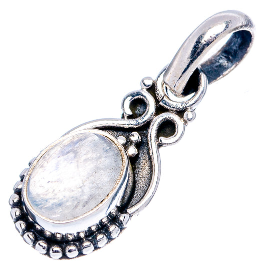 Oval rainbow moonstone pendant, 925 sterling silver with curved openwork bail