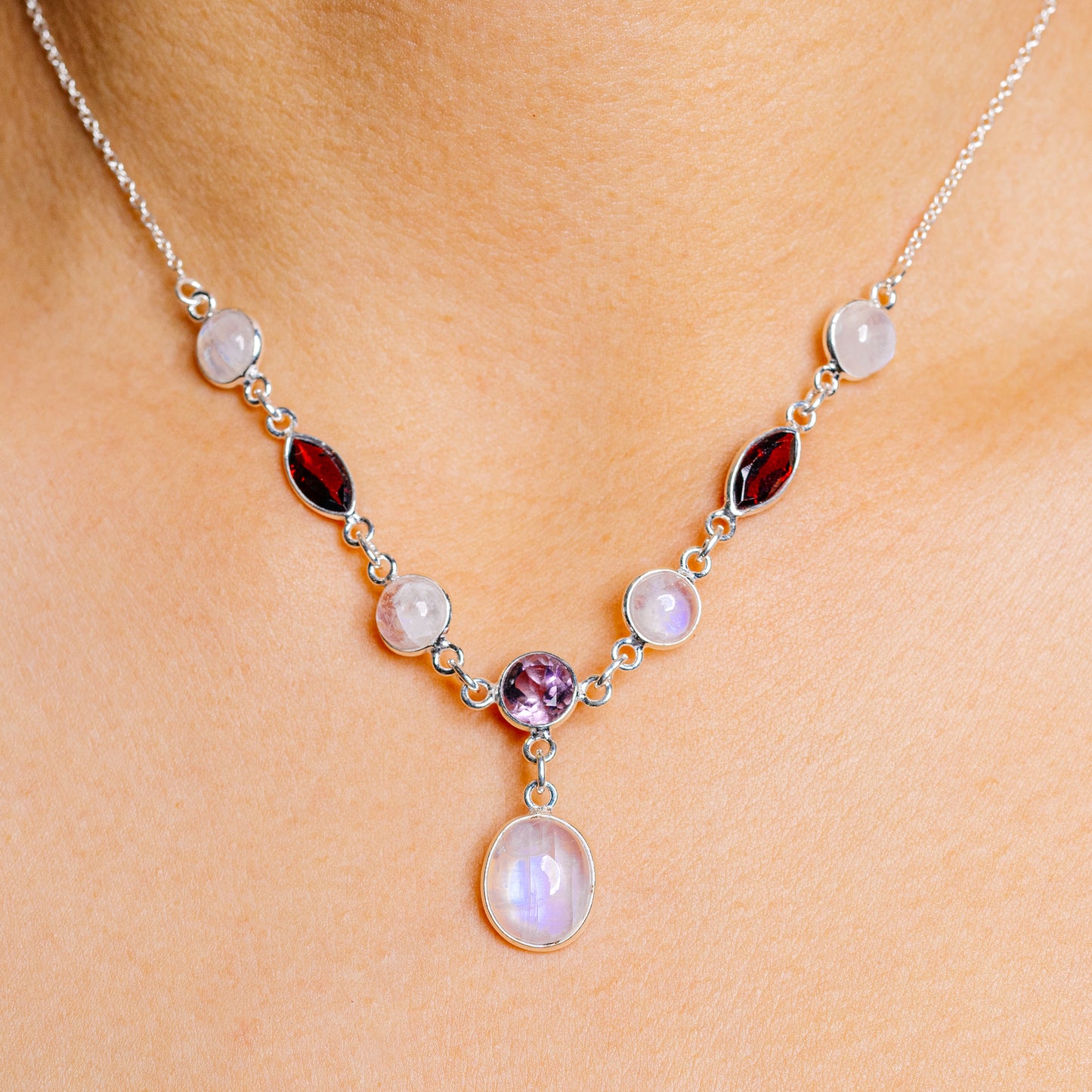 Rainbow Moonstone, Amethyst, Garnet Necklace 16 to 17" (.925 Sterling Silver)
