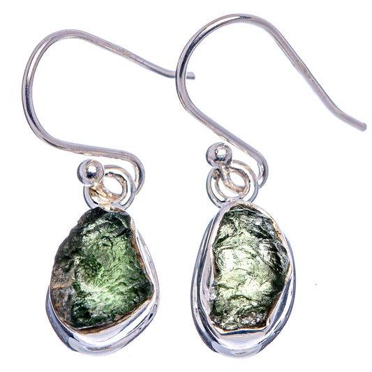 Sterling silver moldavite teardrop earrings with bright green rough stones and hook backs