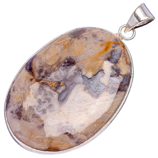 Silver-plated oval rhyolite pendant, full stone face with loop bail at top
