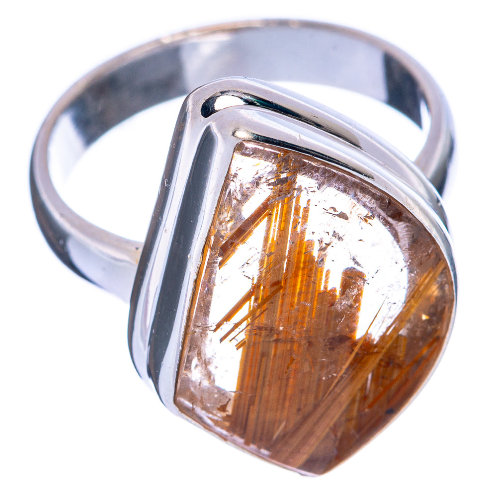 925 sterling silver ring with orange rutilated quartz cabochon, bezel-set
