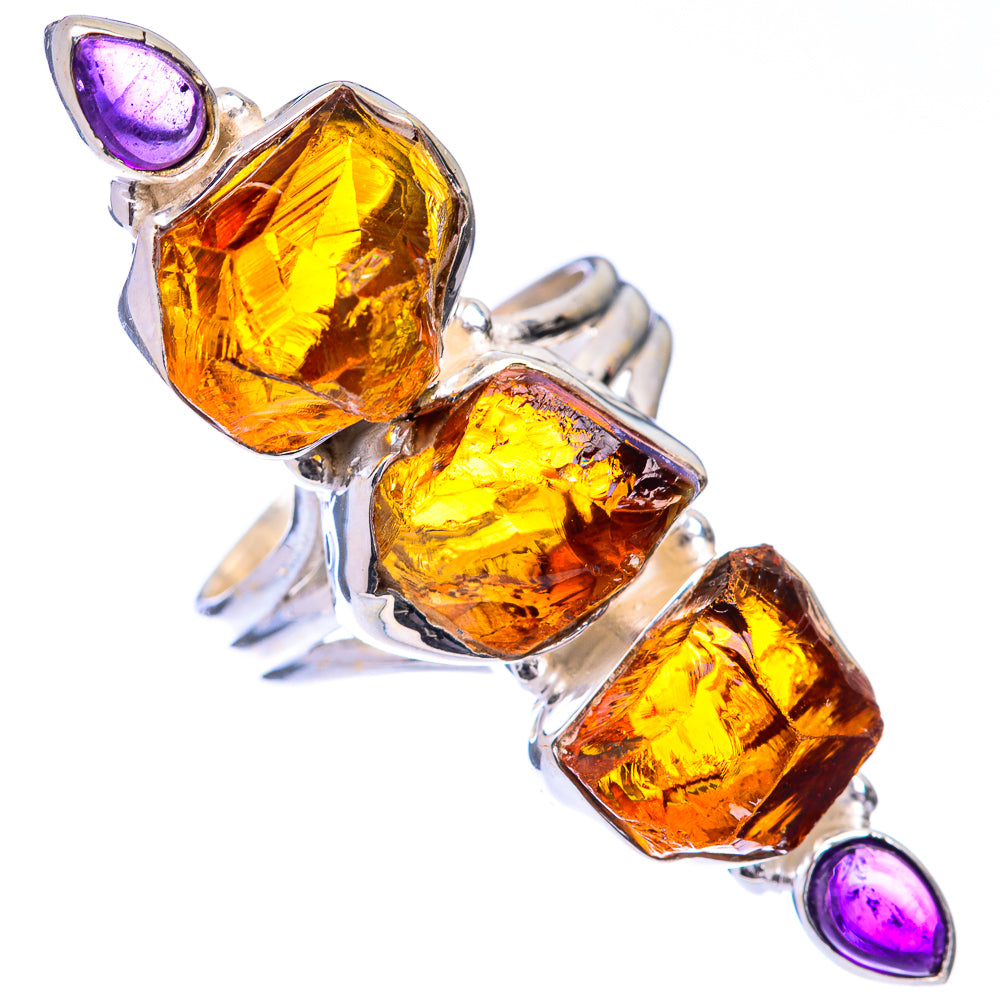 Raw citrine and amethyst gemstone ring in 925 sterling silver, angled top view