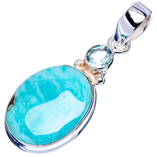 Oval larimar cabochon pendant with round blue topaz and polished sterling silver bail