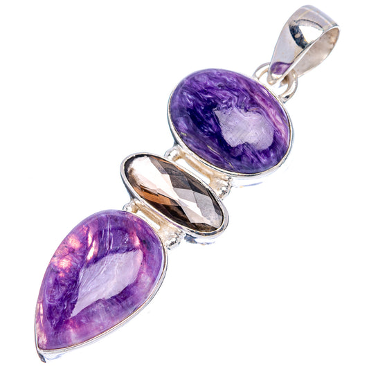 Oval charoite and smoky quartz pendant in polished .925 sterling silver with loop top