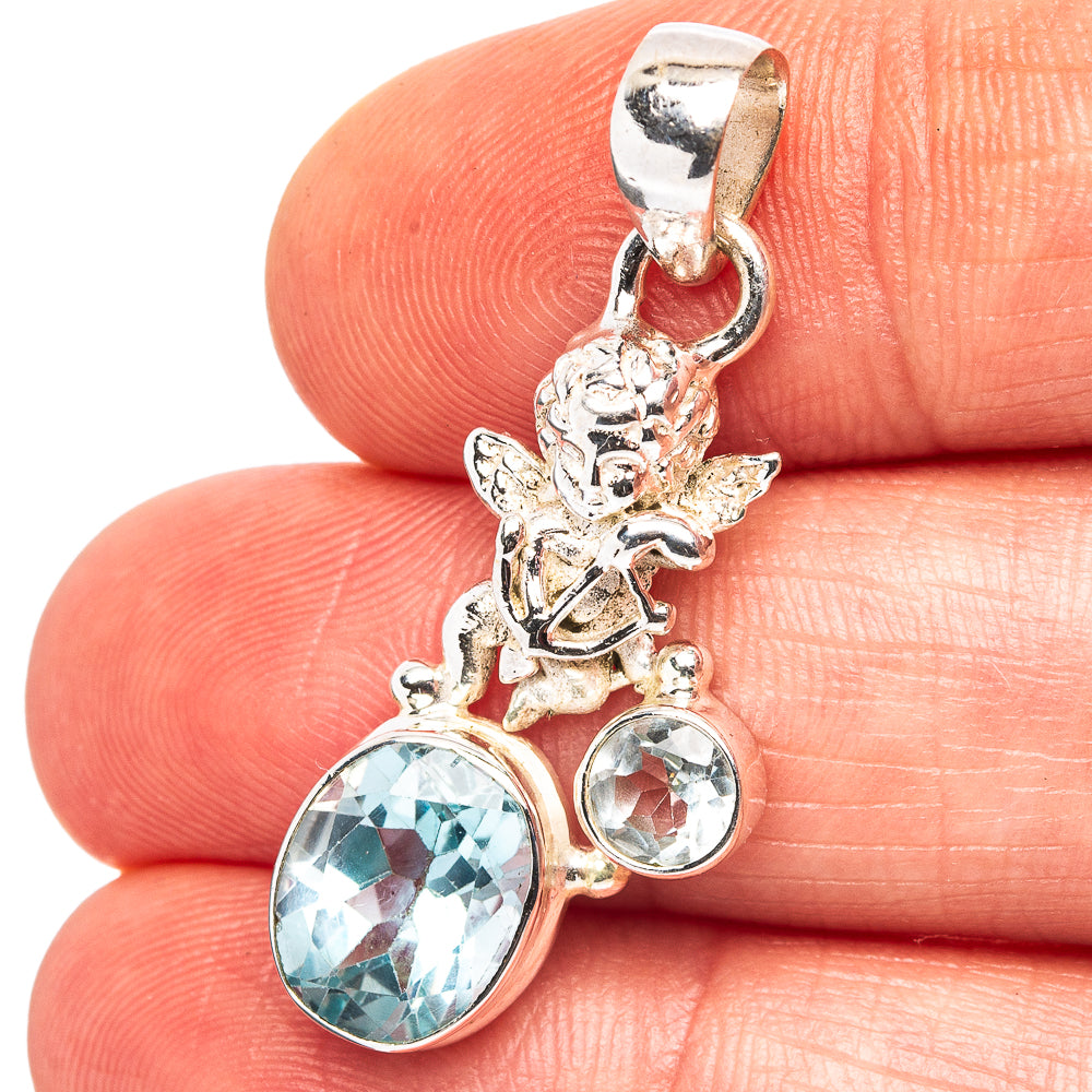 Blue Topaz Angel Motif Pendant 1 3/8" (.925 Sterling Silver)