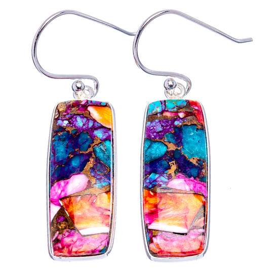 Sterling silver rectangular drop earrings with multicolor pink, purple, turquoise mosaic inlay