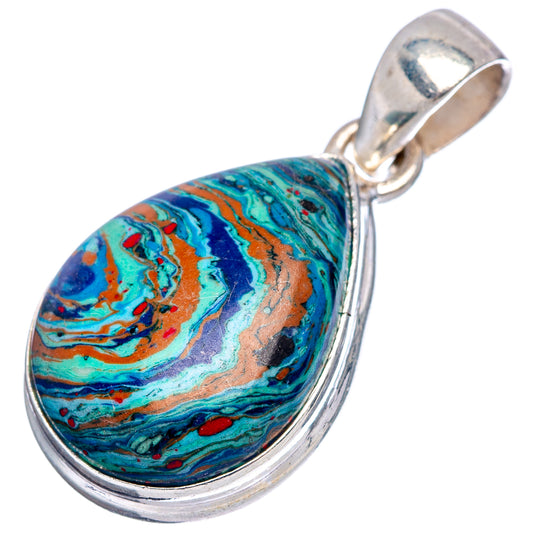 Sterling silver calsilica teardrop pendant with colorful blue-orange marbled stone