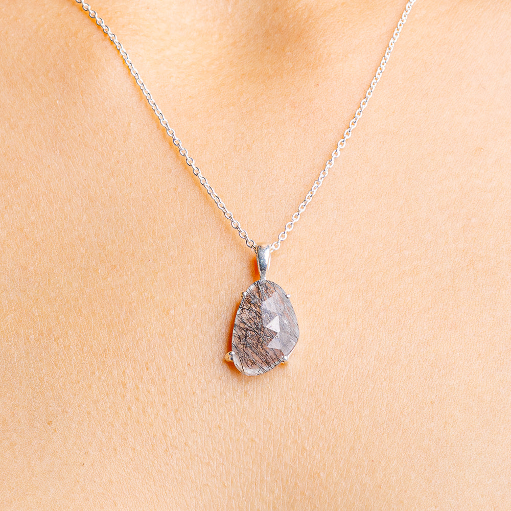 Tourmalinated quartz pendant necklace with .925 sterling silver chain and teardrop stone