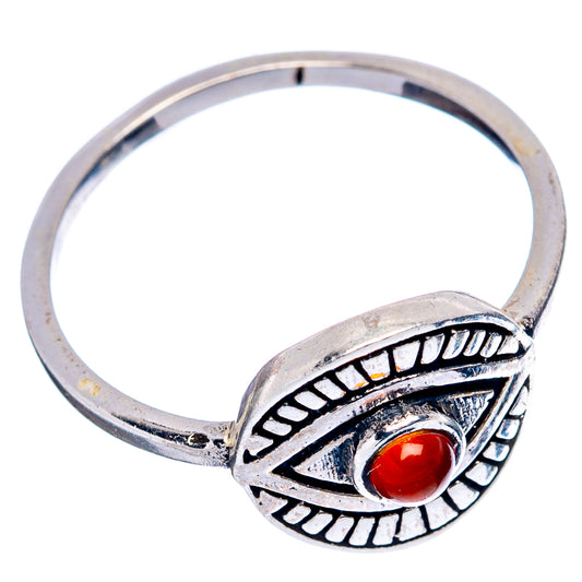Sterling silver eye dainty ring with red cabochon stone, open round band view