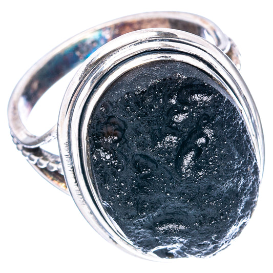 Oval black tektite in 925 sterling silver ring, size 8.25, ribbed band detail