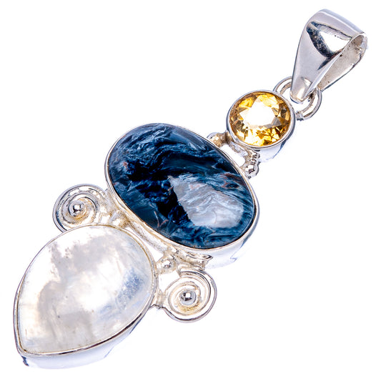 Sterling silver oval gemstone pendant with blue center and white left and yellow right stones